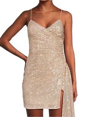 Classic Sexy Ruched Sequin Asymmetrical Hem Tie Back Mini Dress Gold Size 13 NWT